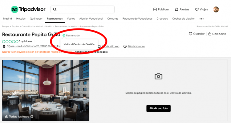 Captura de pantalla de TripAvisor del link al centro de gestión