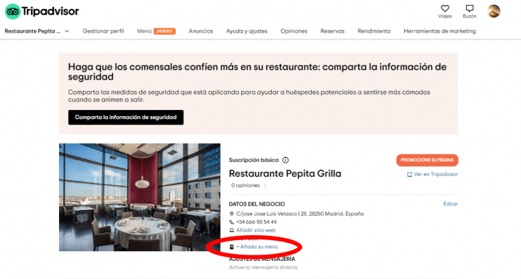 Captura de pantalla de TripAdvisor del link para añadir menú