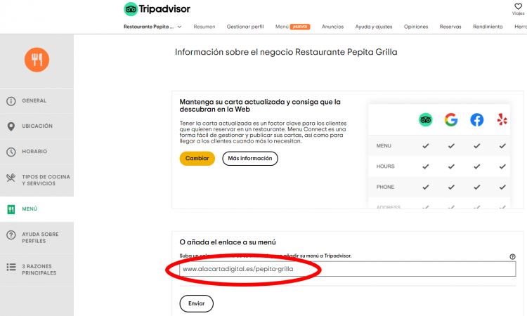 Captura de pantalla de TripAdvisor del campo para introducir la URL