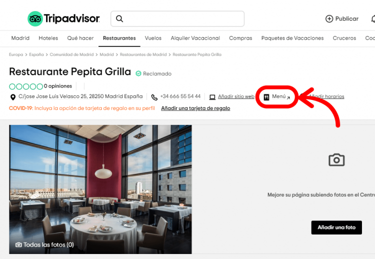 Captura de pantalla de TripAdvisor del link a la carta