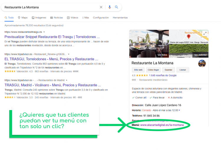 Captura de pantalla de tarjeta de Google MyBusiness con link a la carta
