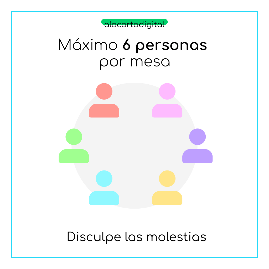 Cartel de máximo 6 personas por mesa