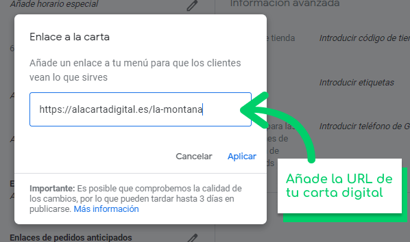 Captura de pantalla del input para introducir la URL la carta digital