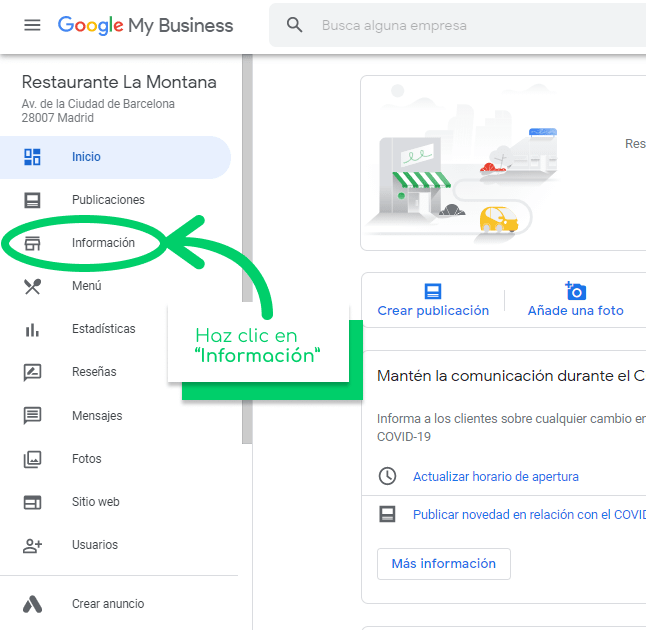 Captura de pantalla de Google MyBusiness apuntando al título de Información