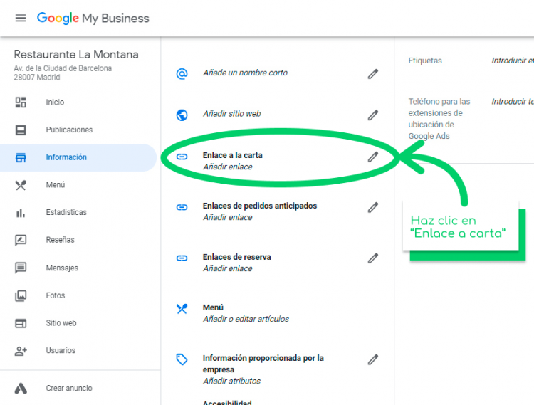 Captura de pantalla del campo "Enlace a la carta" de Google MyBusiness