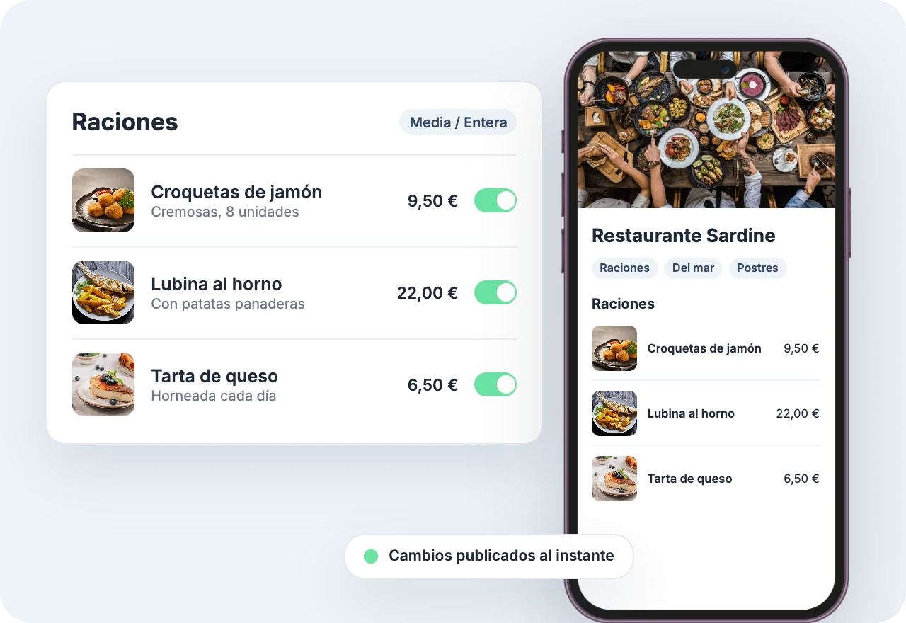 Carta digital QR: editor de la carta y la carta en el móvil